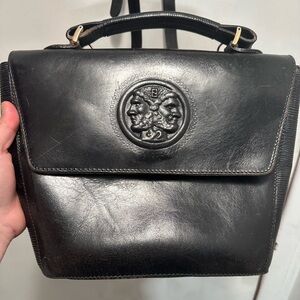 Fendi Black Leather Top-Handle Satchel with Embossed Medallion